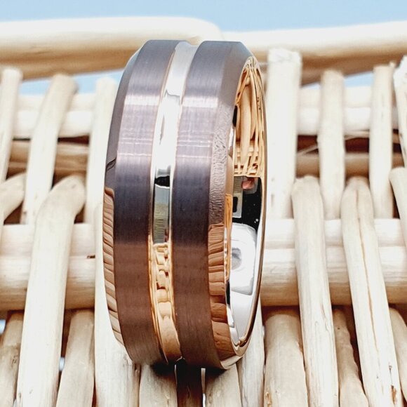 Brown and Rose Gold Tungsten Men's Wedding Ring, GALTUN600 - Picture 1 of 10